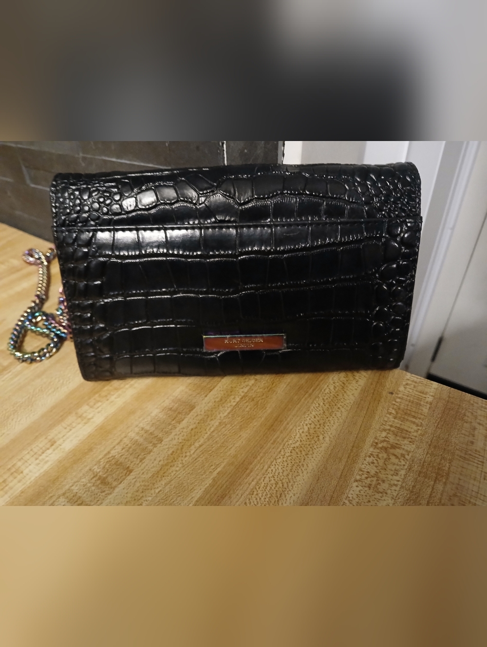 Kurt Geiger Black Croc Embossed Clutch or Crossbody with Multicolor Chain - Picture 5 of 9